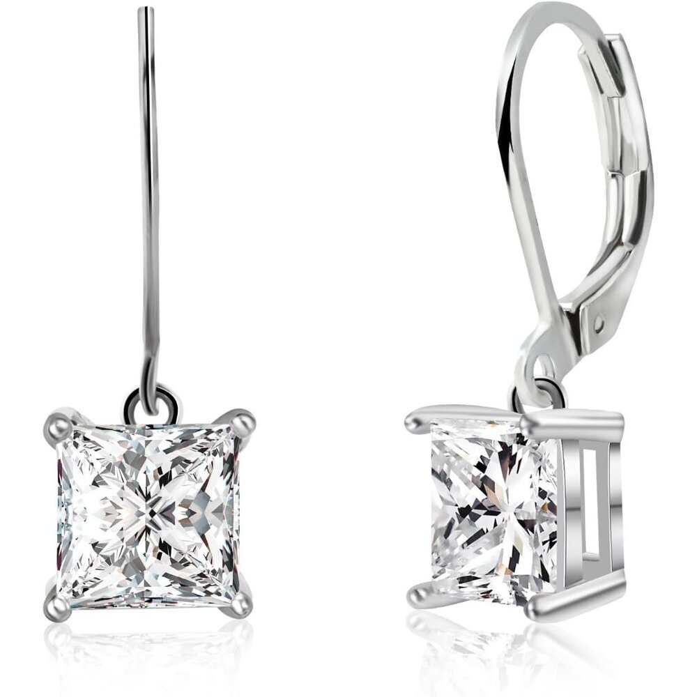 Women's Cubic Zirconia Earrings Princess Cut Leverback Silver Dangle Drop